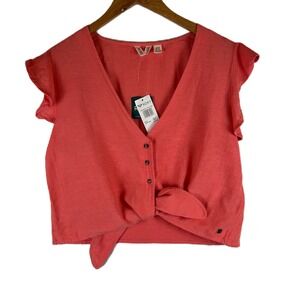 NWT Roxy Women's XL Sweeter Than‎ This Button Up Tie Front Ruffle Sleeve Top